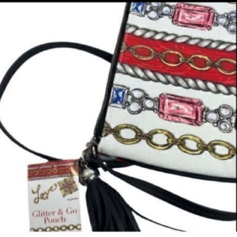 Brighton Women’s Small Crossbody Glitter and Go Pouch White Red with Tassel - Picture 7 of 16